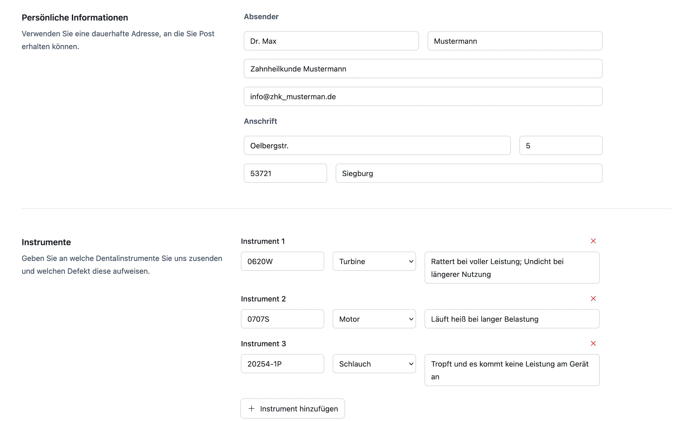Screenshot des Einsendeformulars